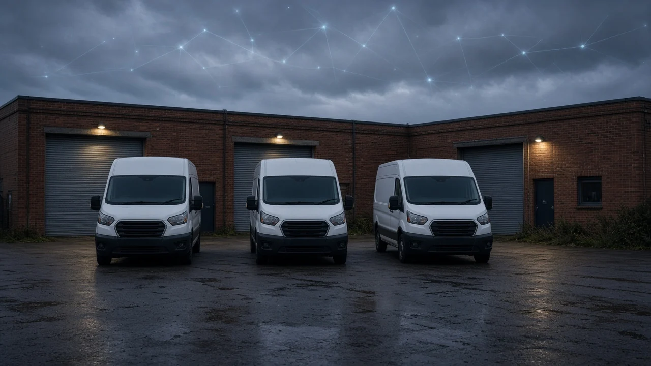 Three unmarked white vans parked at a UK depot